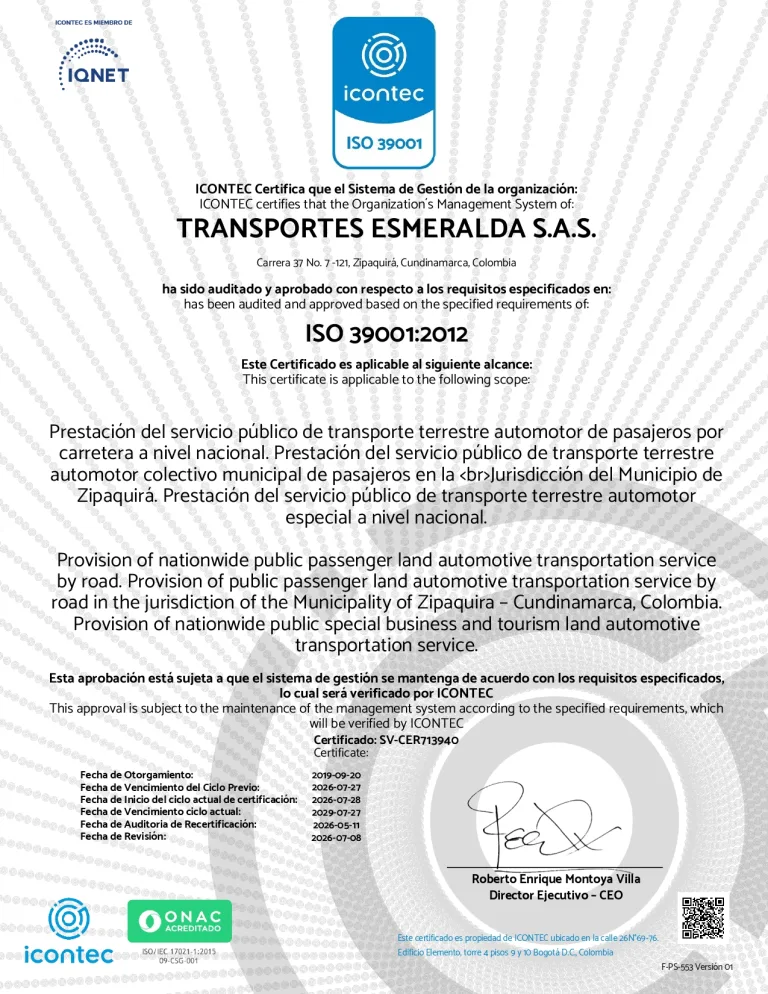 Transesmeralda - Certificaciones -ISO 39001 Seguridad Vial