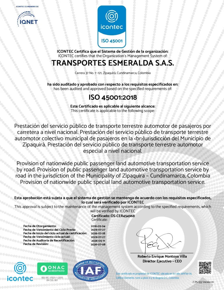 Transesmeralda - Certificaciones -ISO 45001 SG SST