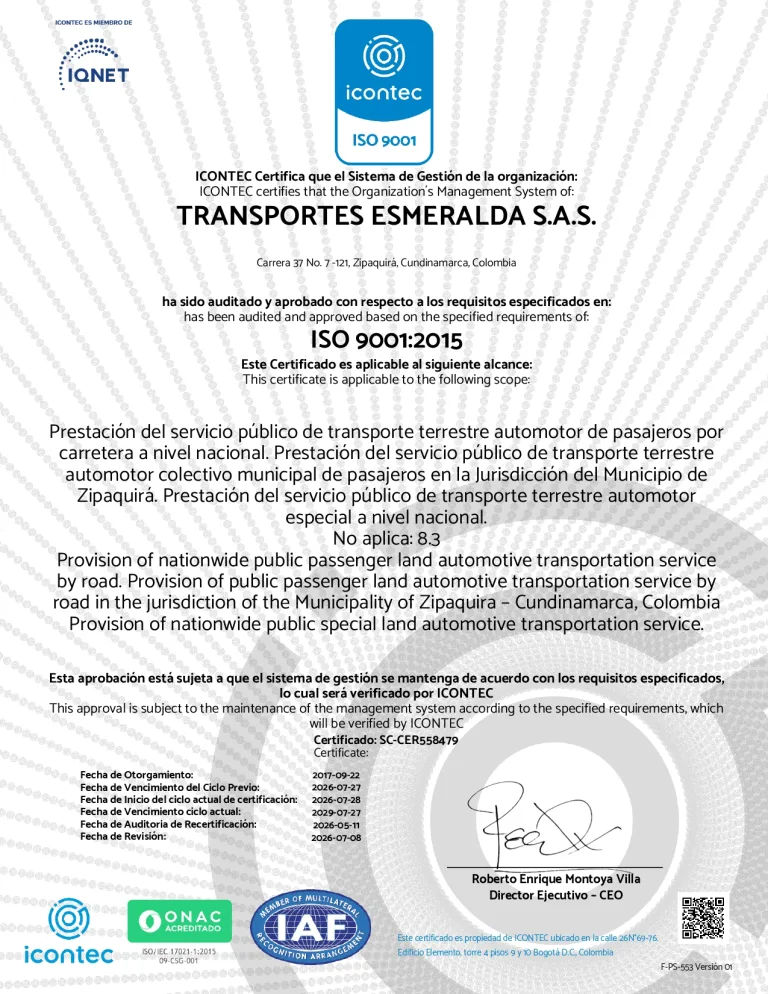 Transesmeralda - Certificaciones -ISO 9001 Calidad